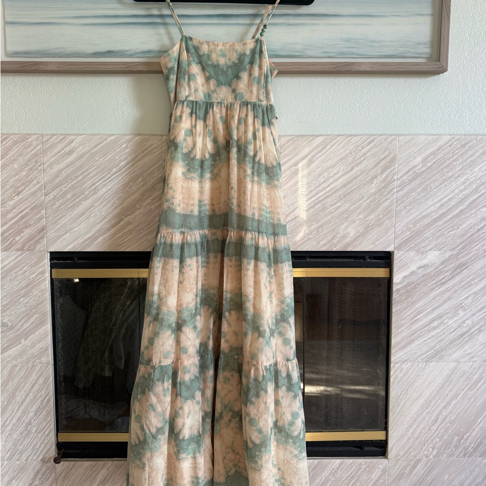 NWT KIVARI Mirage Tie-Dye Cotton Voile Maxi Dress Green Teal Cream Beaded 8 med - Picture 2 of 7